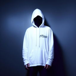 An enigmatic figure, face obscured, wearing a white hoodie. The word 'Flixer' is clearly and boldly displayed on the front of the hoodie.