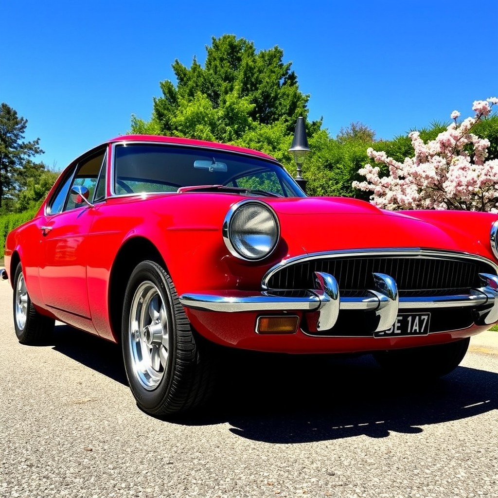 A vivid cherry red car, specifically a classic 'seven' model, showcasing its sleek curves and polished finish under sunlight