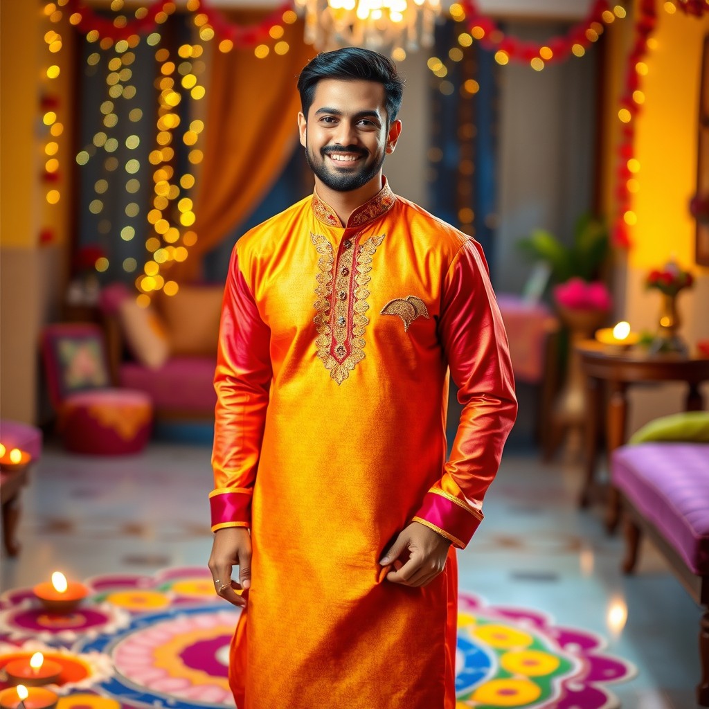 A handsome man dressed in a vibrant kurta pajama, adorned in traditional Diwali attire
