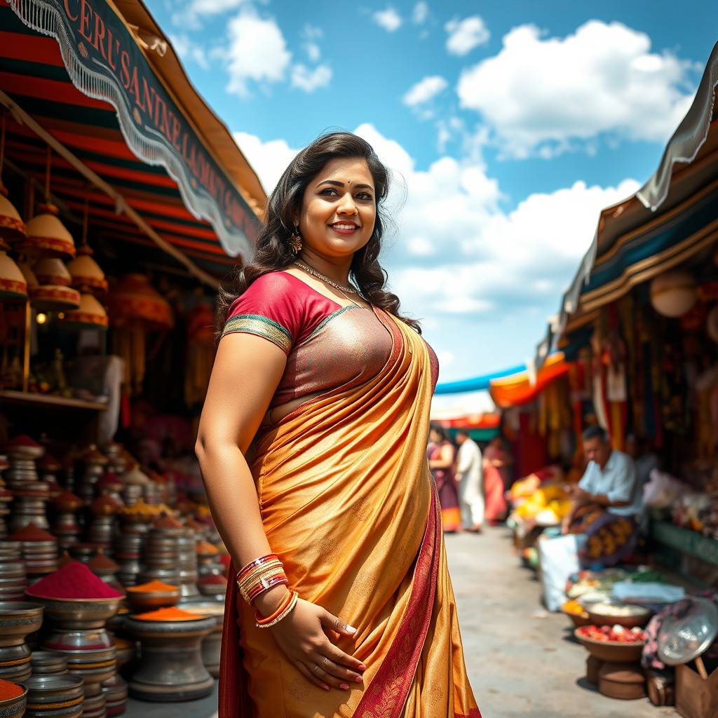 A voluptuous woman dressed in a traditional but alluring Indian outfit, standing confidently in a vibrant market scene