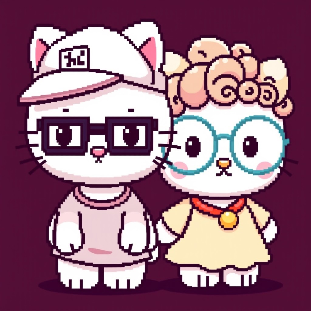 Two Hello Kitties in pixel art style