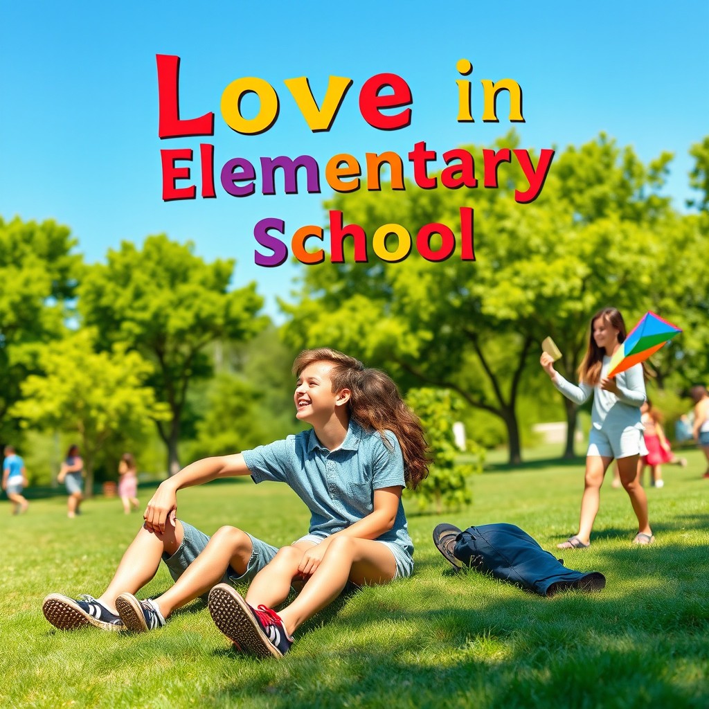 A vibrant and cheerful book cover design featuring two couples, a boy and a girl in relaxed, casual outfits, enjoying a sunny day in a lively park