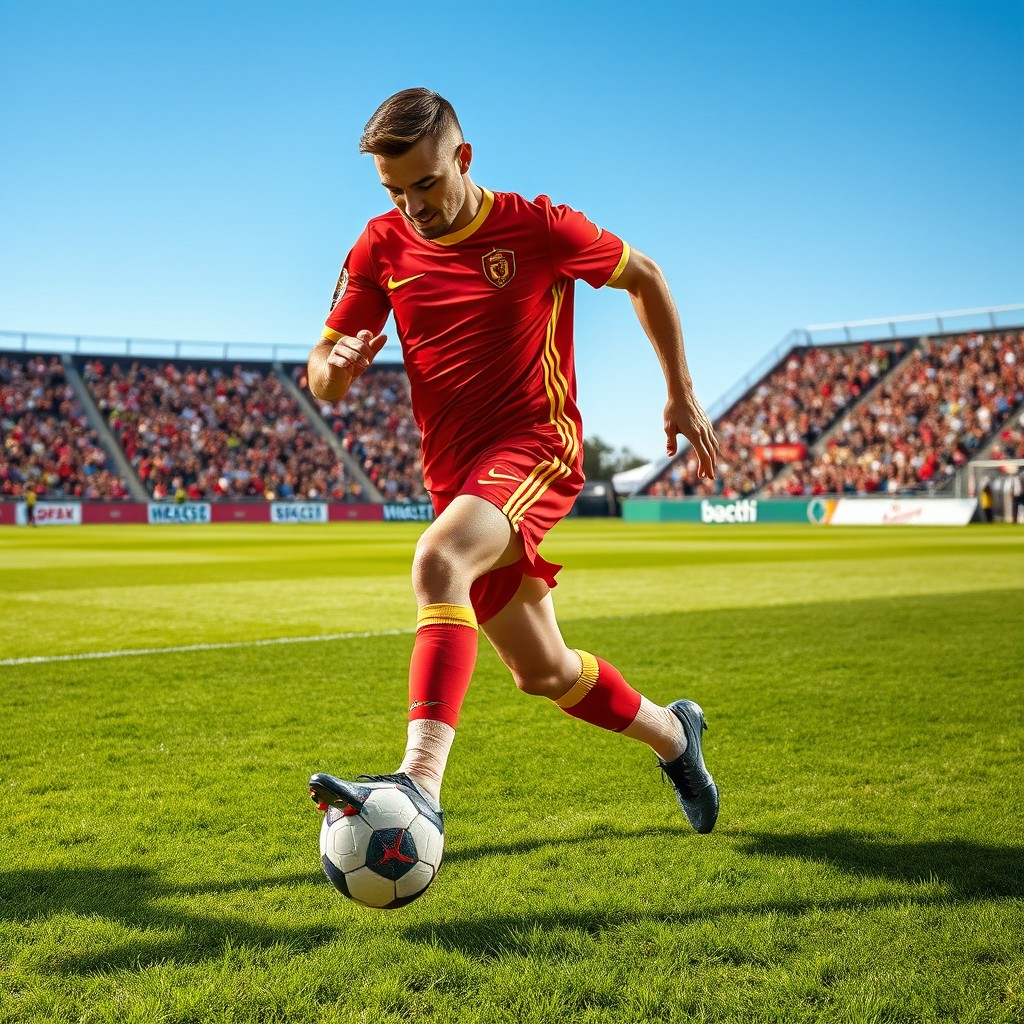 A dynamic soccer player captured in mid-action, skillfully dribbling a ball on a sunlit grass field