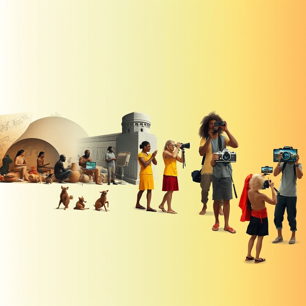 A visual representation of cultural evolution from prehistoric cave dwellers to the digital age