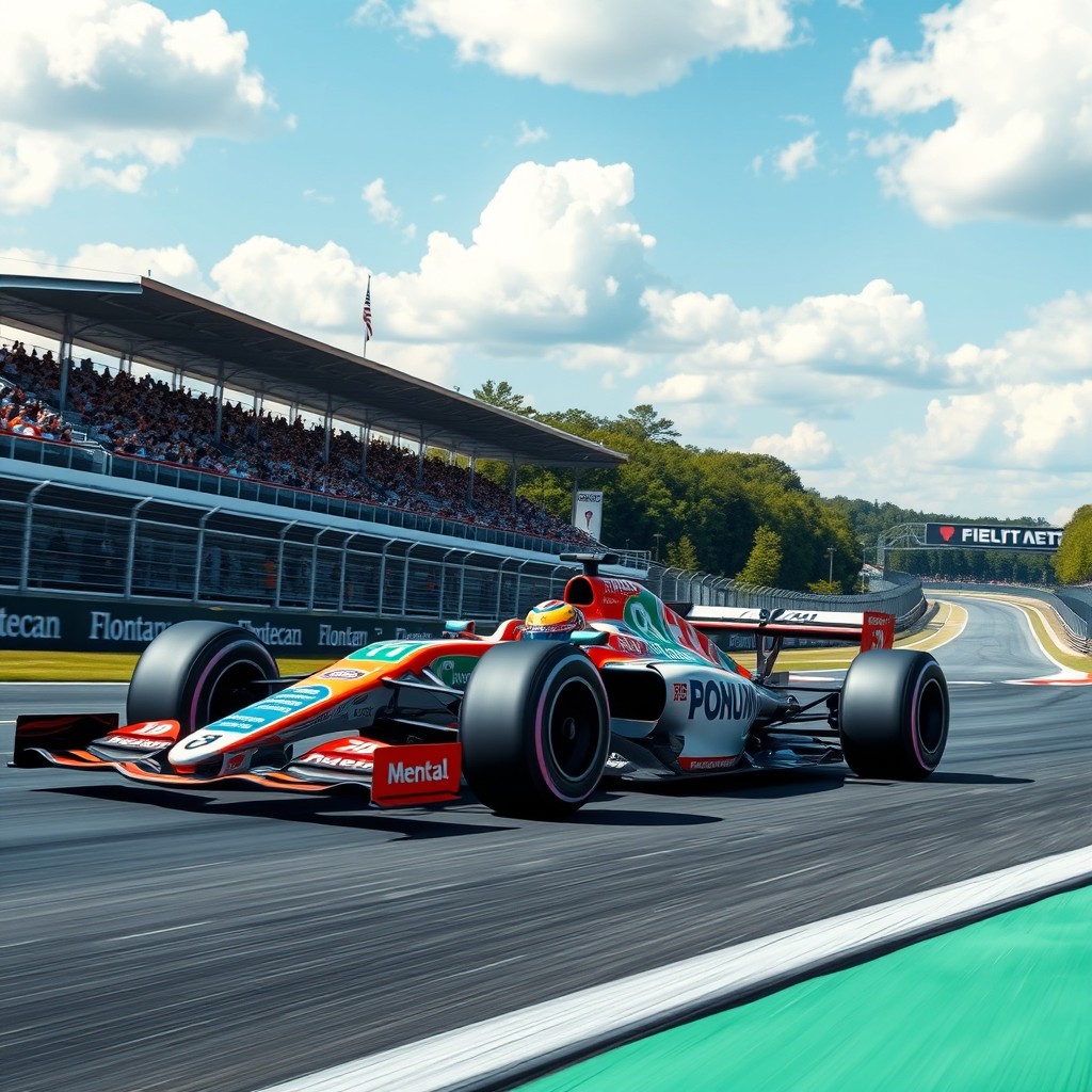 A stunning Formula 1 car racing at high speed on a picturesque track, with vibrant sponsorship logos covering the sleek chassis, the driver wearing a colorful racing helmet, and the vibrant scenery showcasing grandstands filled with cheering fans