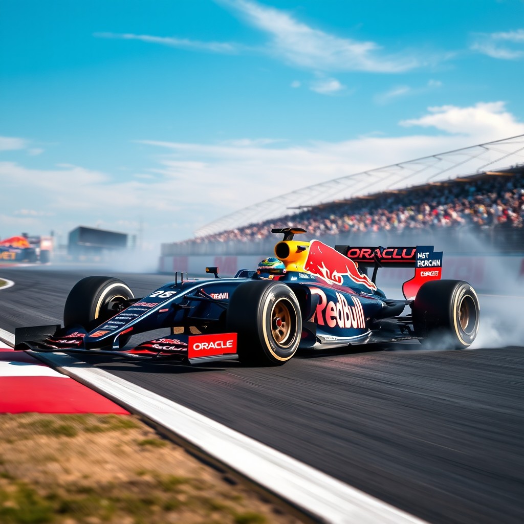 A striking image of an Oracle Red Bull Racing Formula 1 car, complete with its iconic blue and red livery featuring the Oracle logo, speeding around a sharp corner on a racetrack