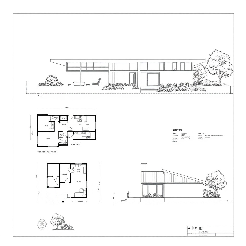 Detailed architectural blueprints showing a modern house design