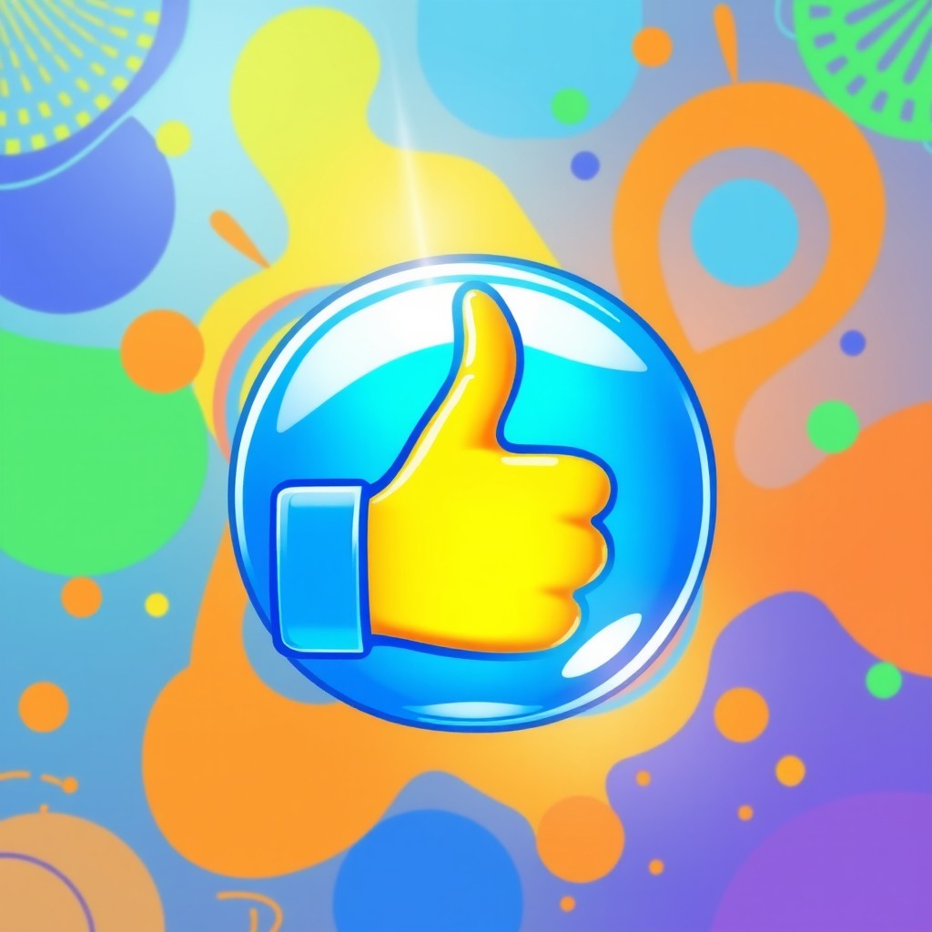 A vibrant and colorful digital artwork of a thumbs-up icon, stylized with a modern twist