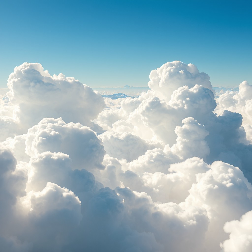 A stunning view of fluffy, white clouds in a bright blue sky, illuminated by soft sunlight