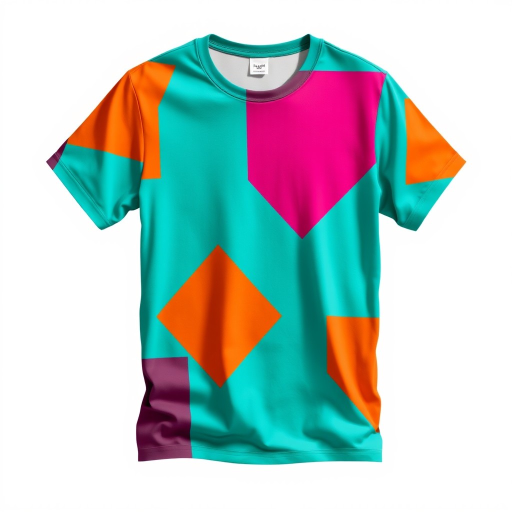 A modern designed T-shirt, featuring an abstract geometric pattern in vibrant colors such as teal, orange, and magenta, with a relaxed fit and a stylish crew neckline