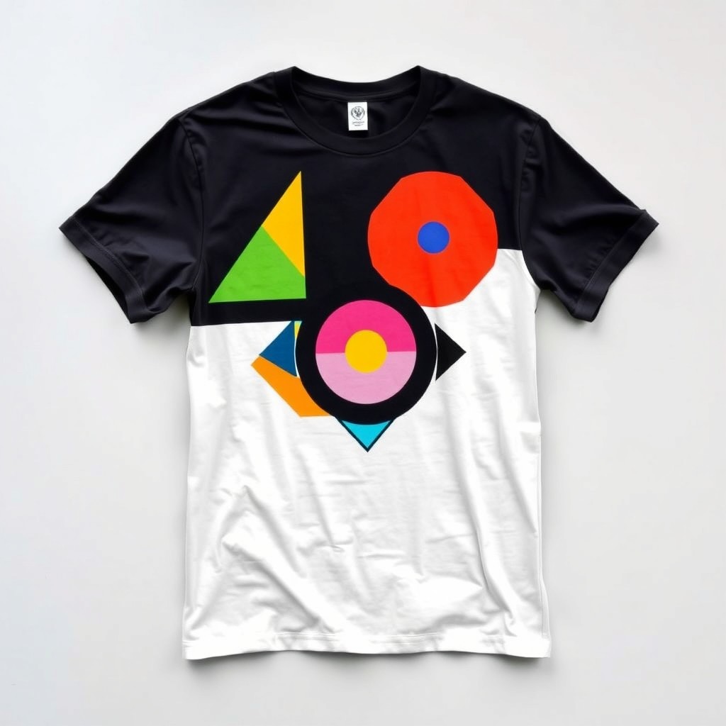 A modern style t-shirt featuring a vibrant geometric design, incorporating bold shapes and bright colors