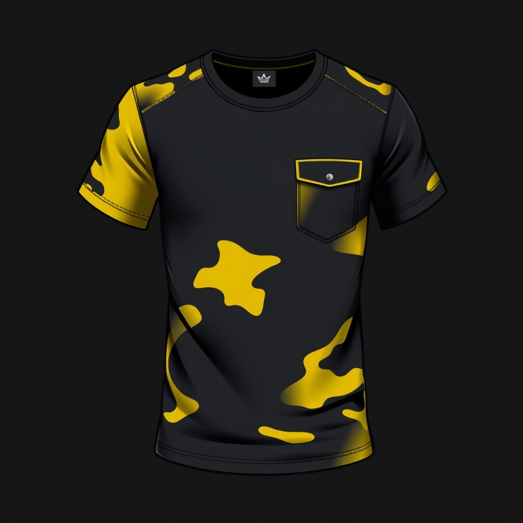 A stylish t-shirt designed in a black and yellow color scheme, featuring a military-inspired style without camouflage patterns or pockets
