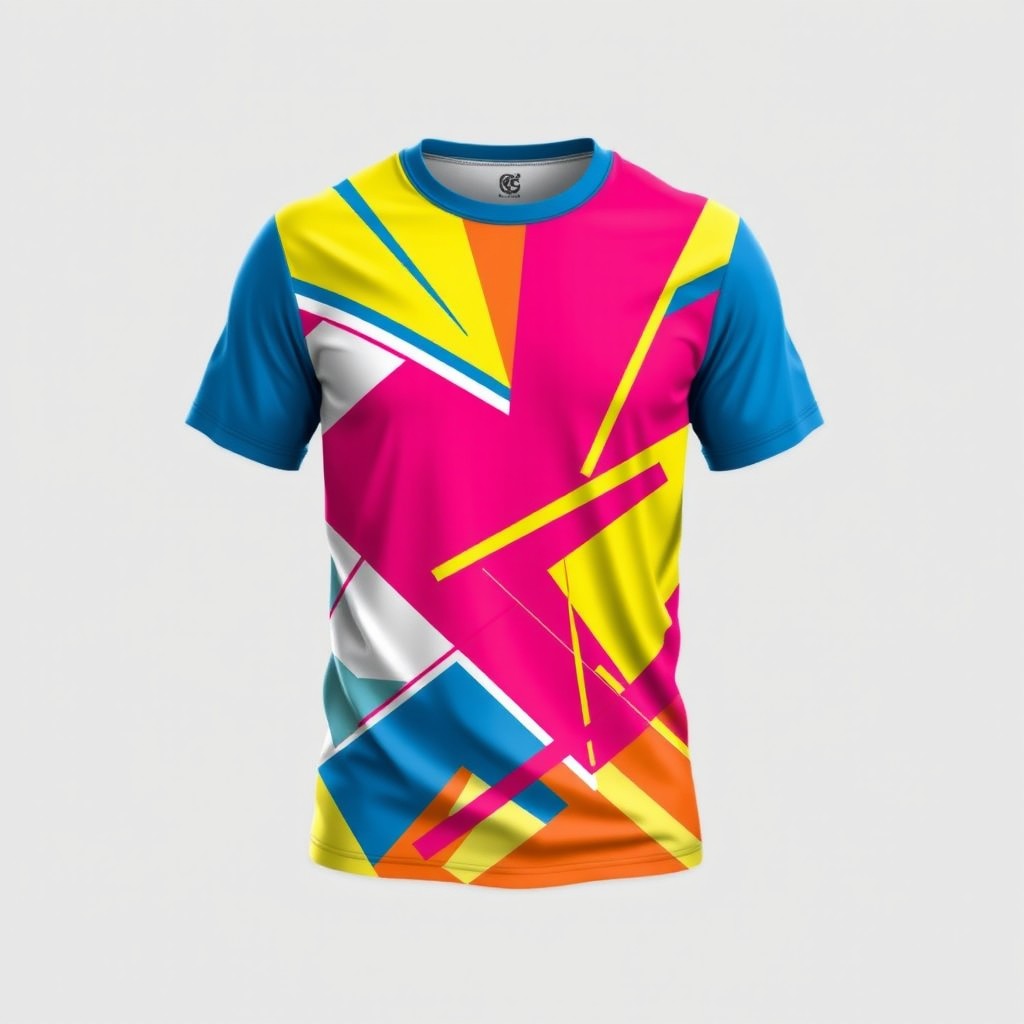 A dynamic t-shirt design characterized by bright and strict colors, incorporating a modern and energetic aesthetic