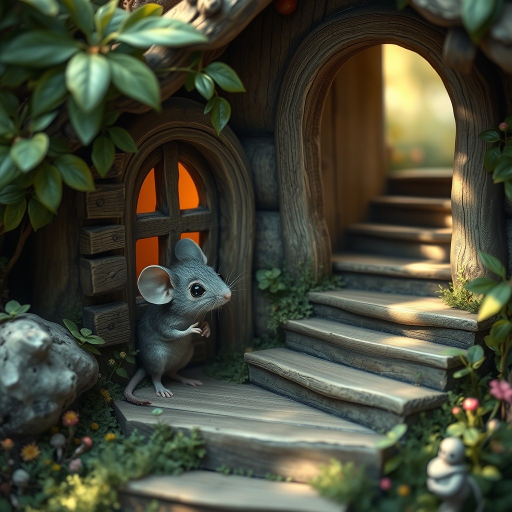 A small gray mouse playing near its cozy little house, with a curious expression, is looking towards an open door