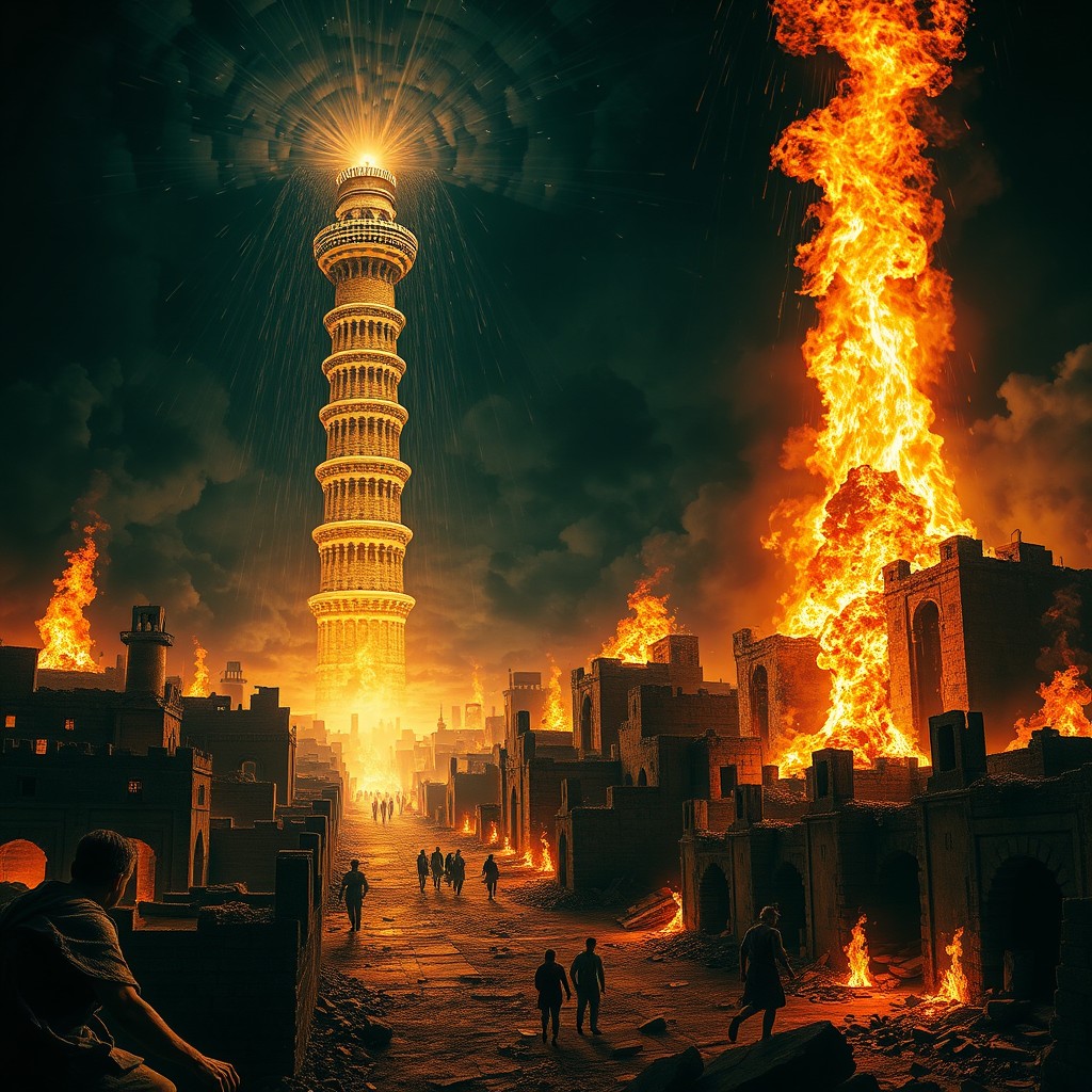 A dramatic fusion of the Tower of Babel and the city of Sodom and Gomorrah, depicted at night with a fiery cataclysm raining down from the sky