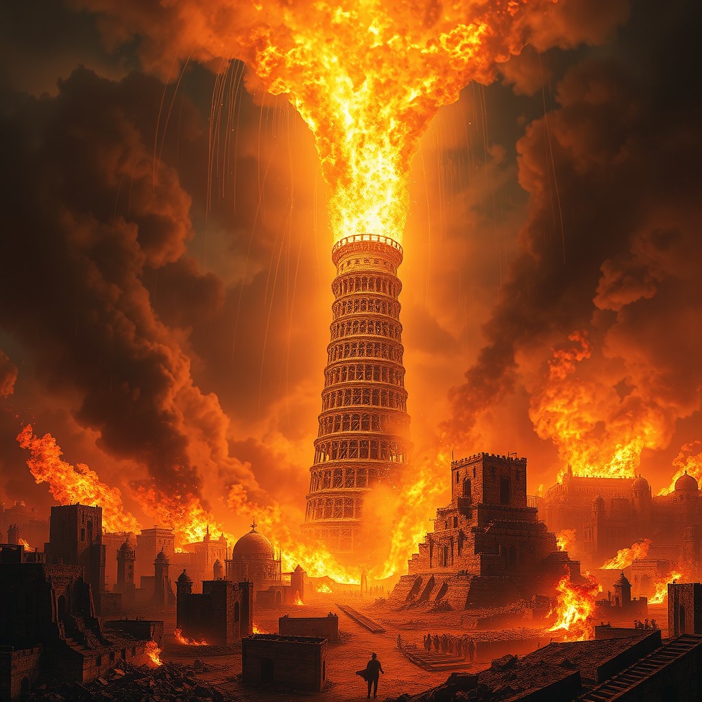 A captivating fusion of the Tower of Babel and the cities of Sodom and Gomorrah, dramatically depicted in a scene of destruction by fire raining down from the sky