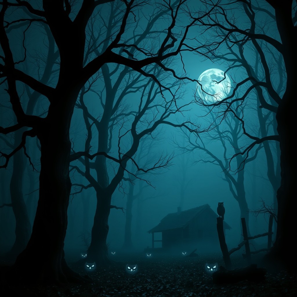 A spooky forest at night, shrouded in mist, with gnarled trees and twisted branches reaching out like skeletal hands
