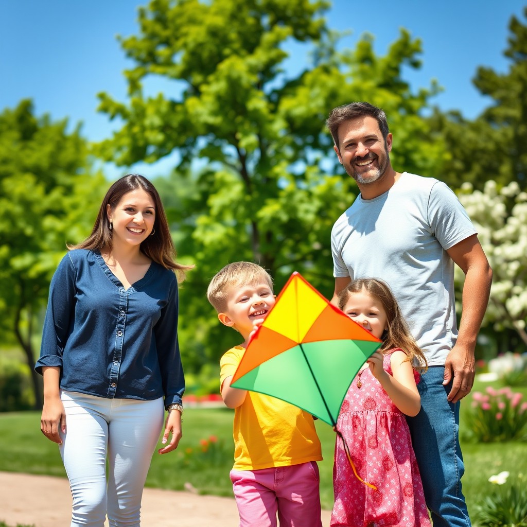 A joyful family portrait set in a bright park during a sunny day