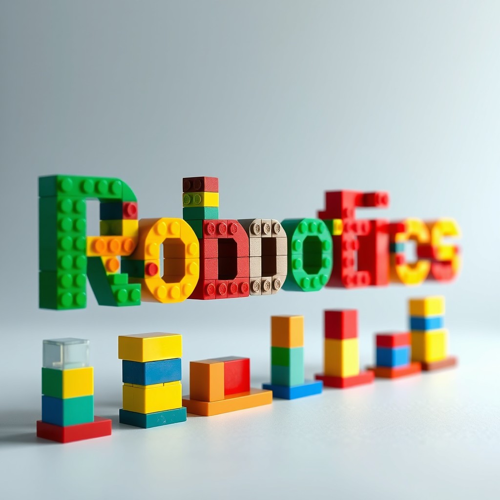 A creative title design featuring the word "Robotics" intricately made out of colorful Lego pieces