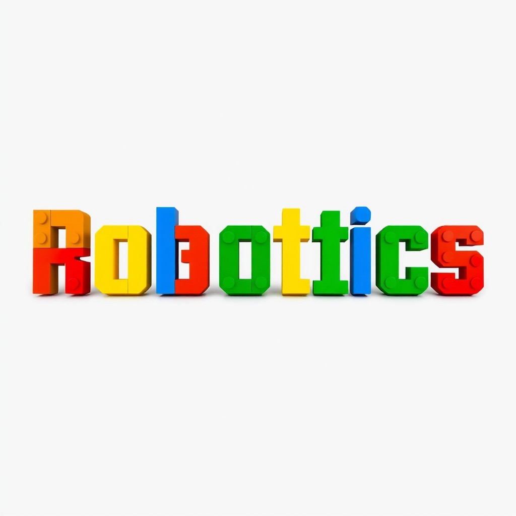 A captivating front view design of the title "Robotics" artfully constructed from colorful Lego pieces