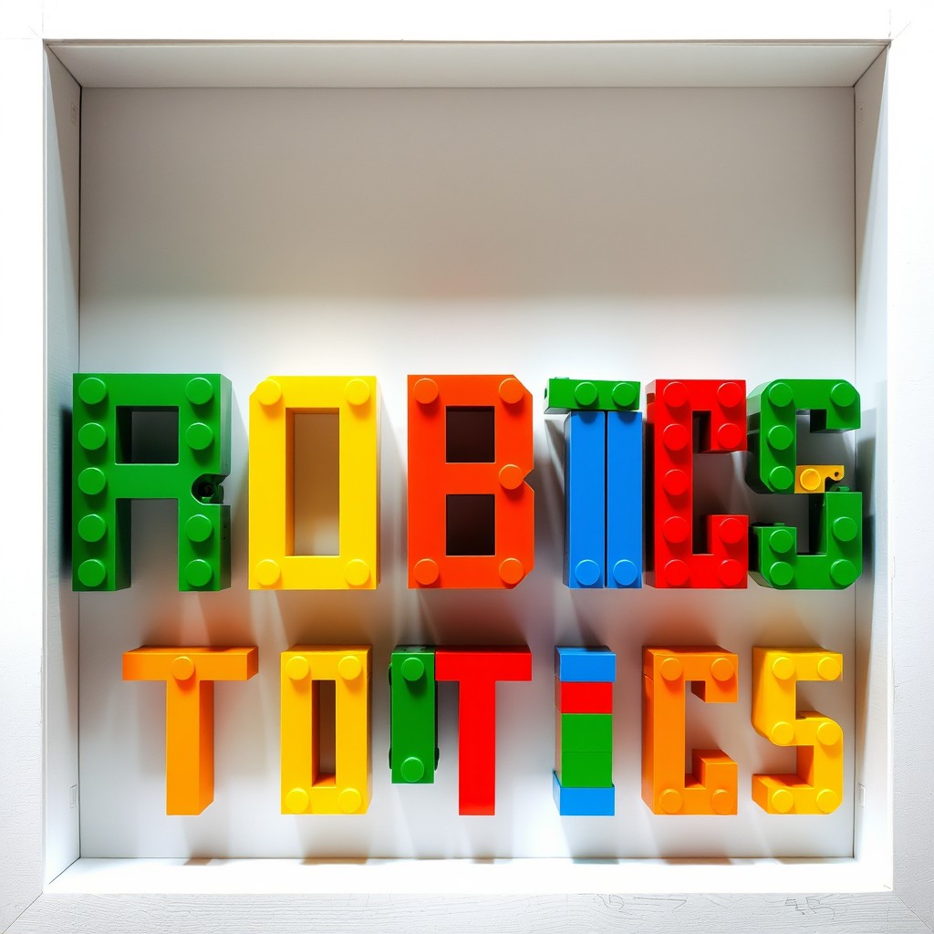 A front view display art piece featuring the title "Robotics" constructed entirely from colorful Lego pieces