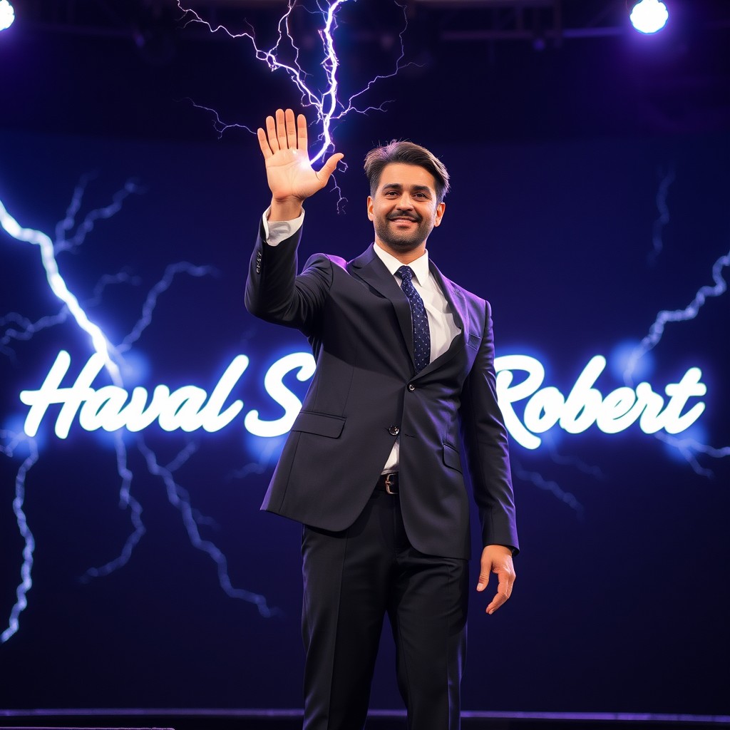 A handsome man wearing a formal suit stands confidently on stage, raising his hand with energy