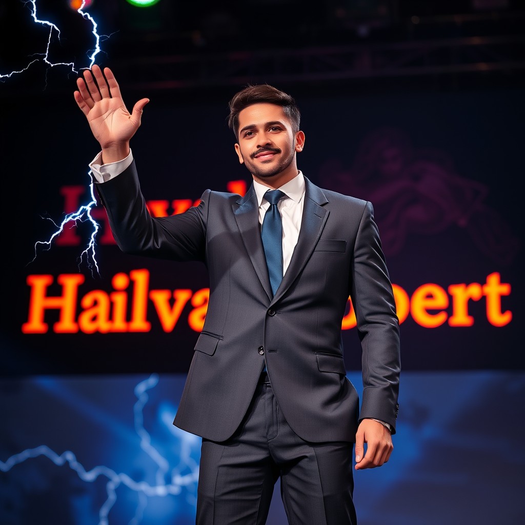 A handsome man dressed in a sharp formal suit stands confidently on stage, raising his hand in a dynamic pose