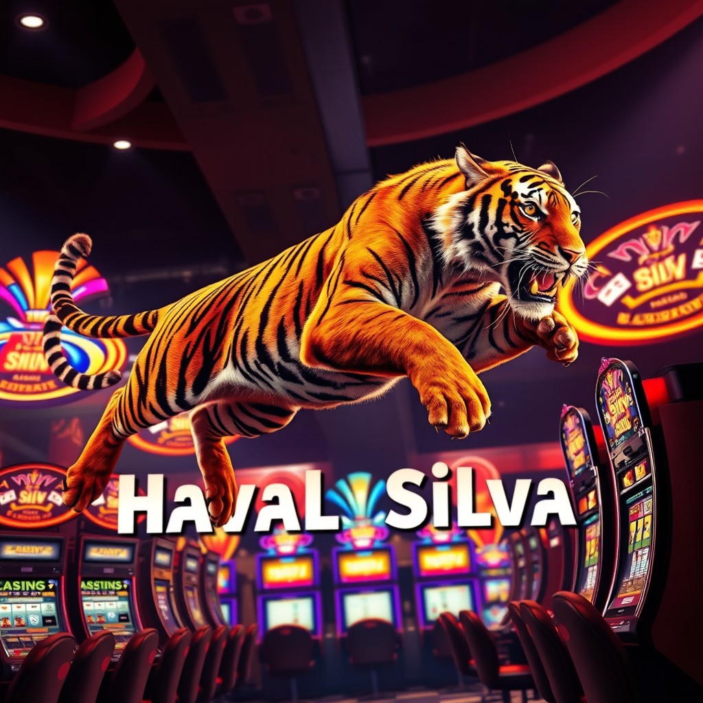 A fiery tiger leaps majestically over casino machines in an epic scene