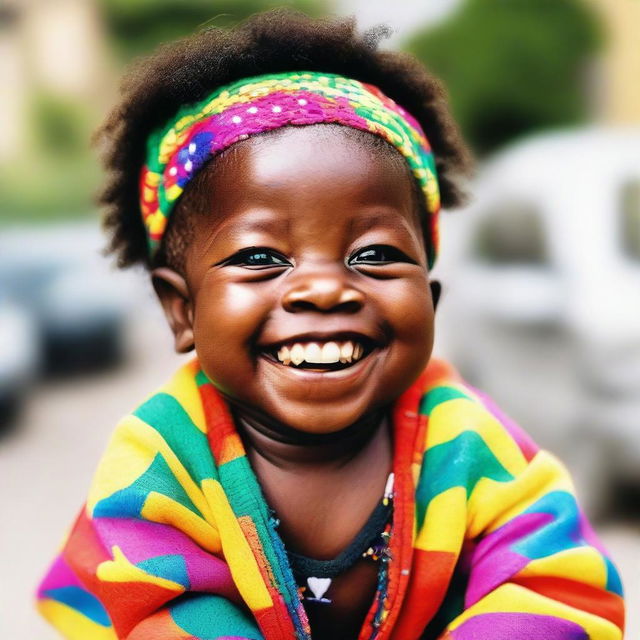 A joyful black baby with sparkling eyes and a big, infectious smile, dressed in colourful clothing.