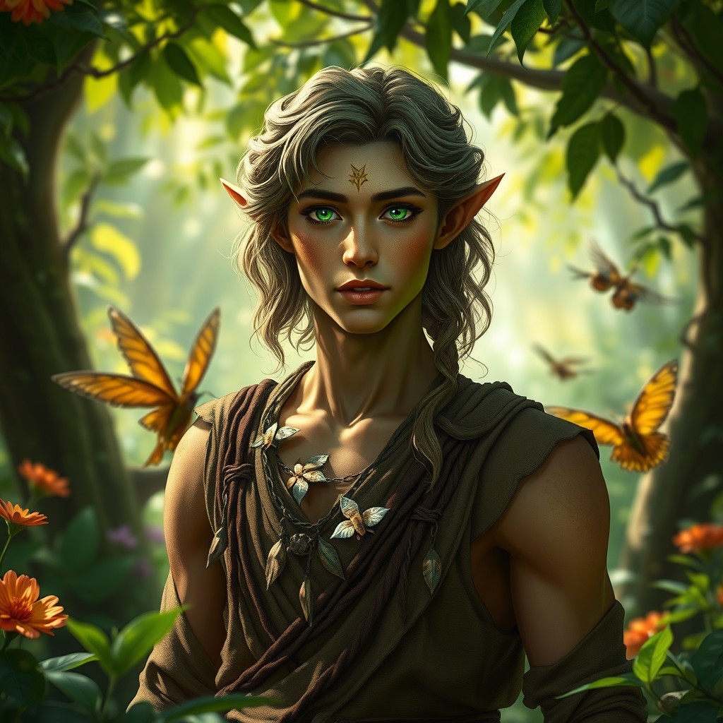 A male elf druid with light brown skin featuring subtle green undertones