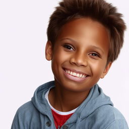 A lively black boy with hopeful eyes and a radiant smile, dressed in casual, stylish clothes.