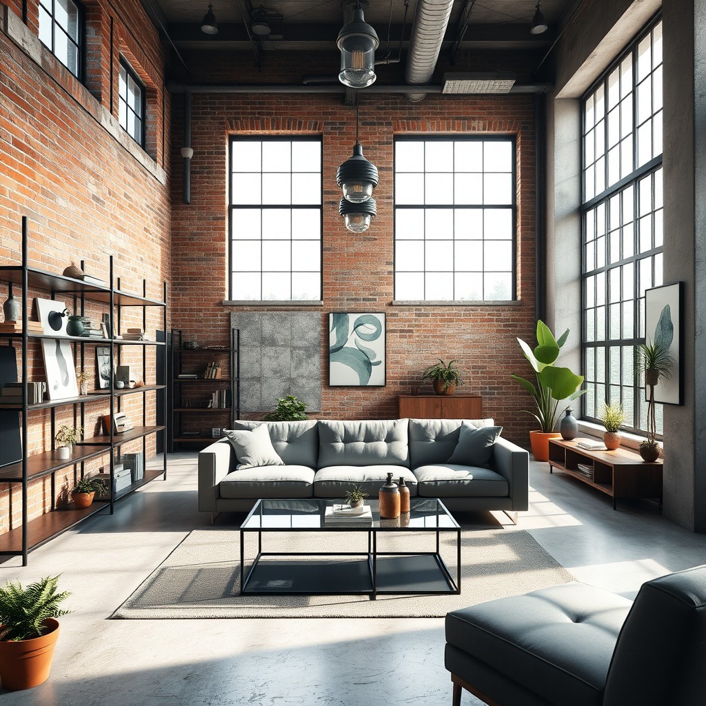 A cinematic industrial minimalist living room that feels spacious and airy, highlighted by exposed brick and polished concrete walls