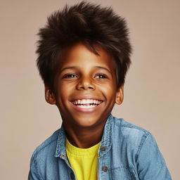 A lively black boy with hopeful eyes and a radiant smile, dressed in casual, stylish clothes.