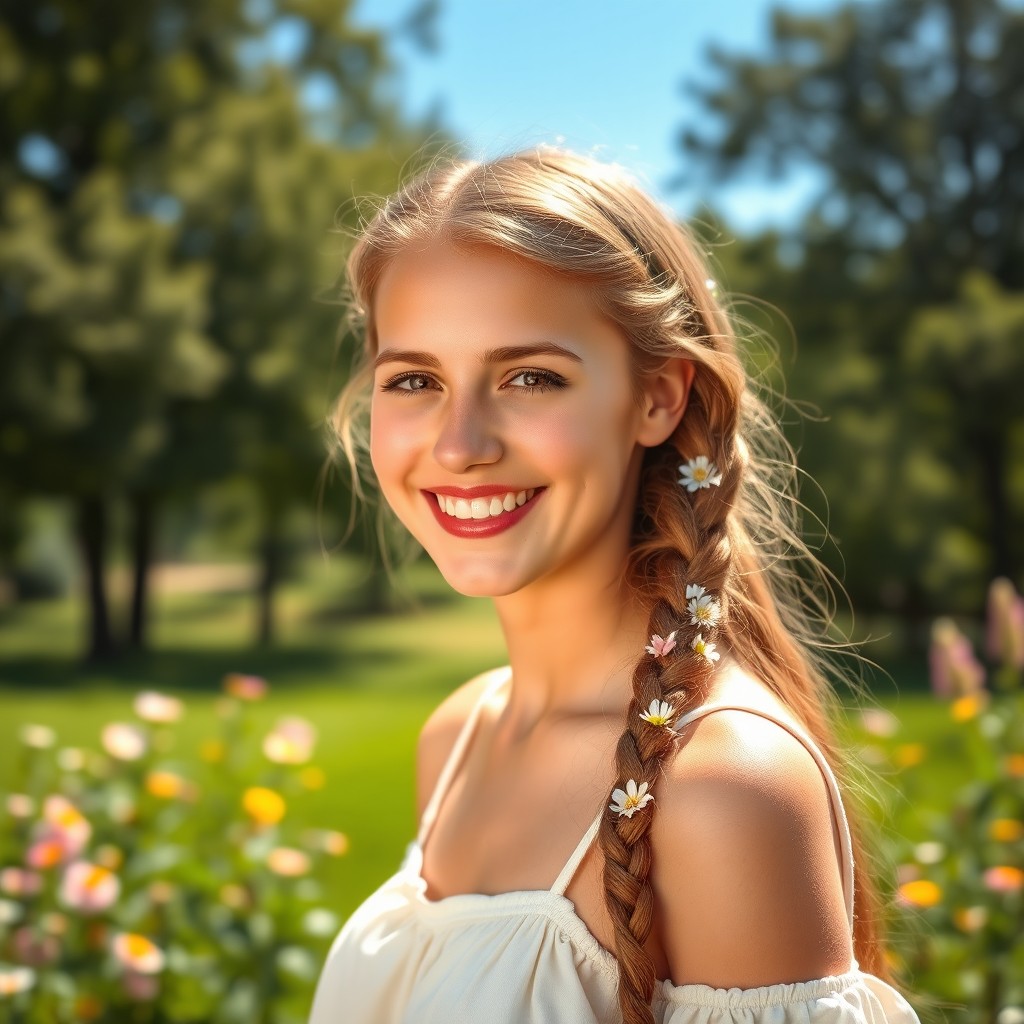 A beautiful German teenage girl with long, braided hair smiling joyfully
