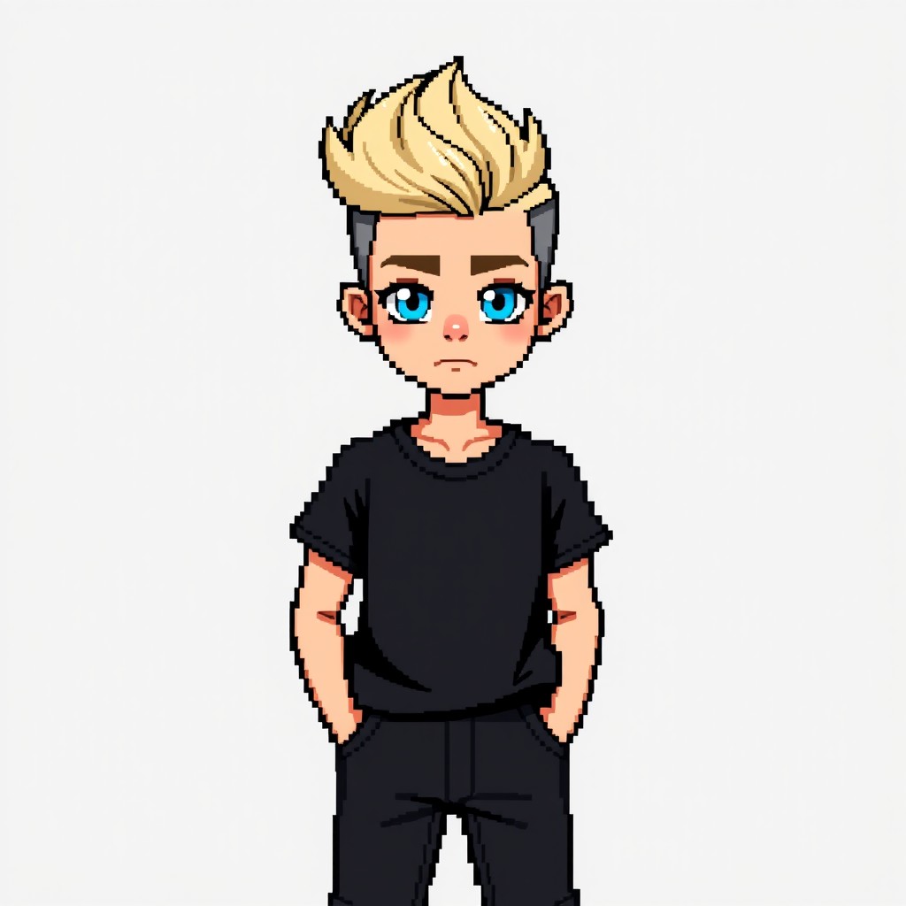 A pixel art representation of a 16-year-old teenager standing confidently