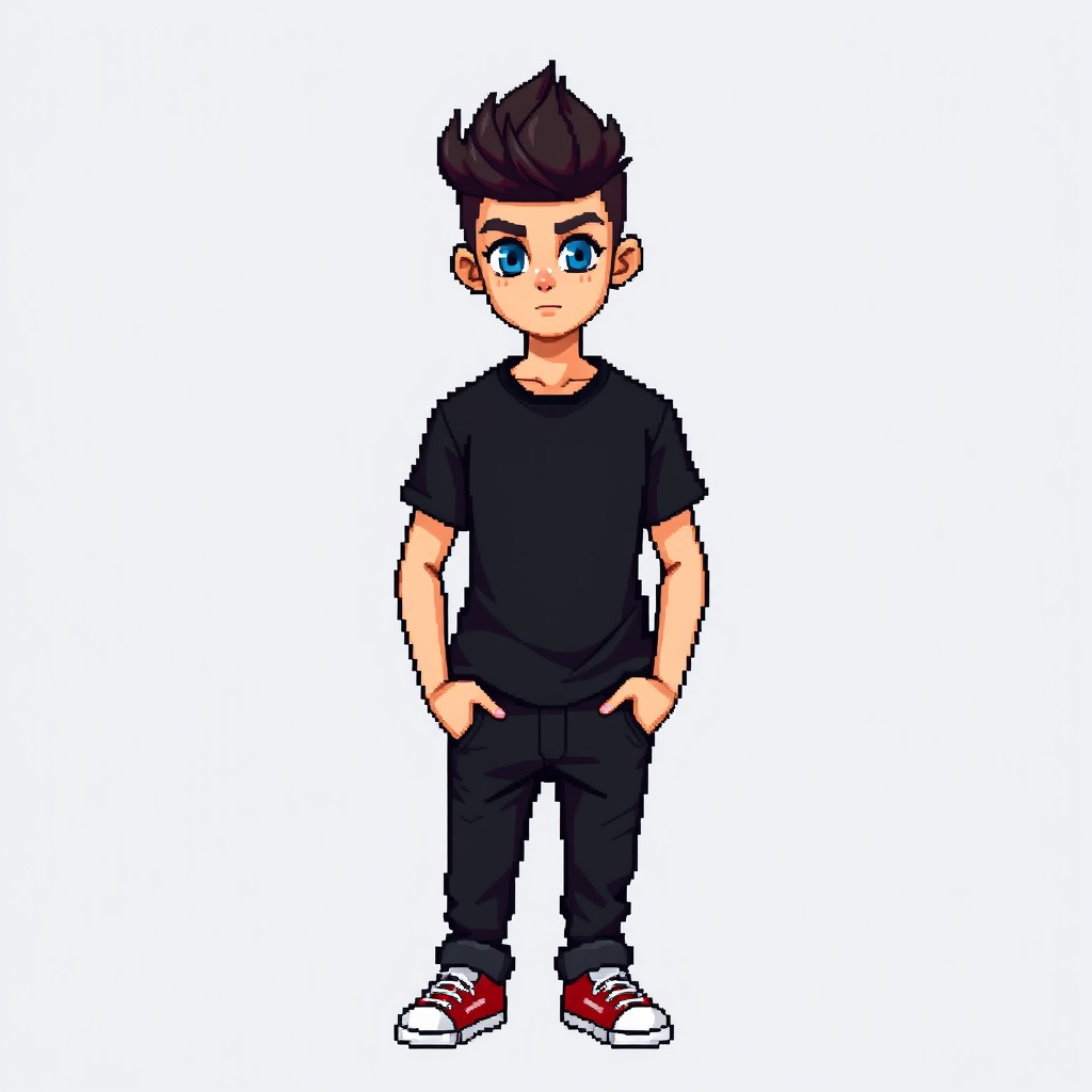 A pixel art depiction of a teenage boy, aged 16, standing confidently