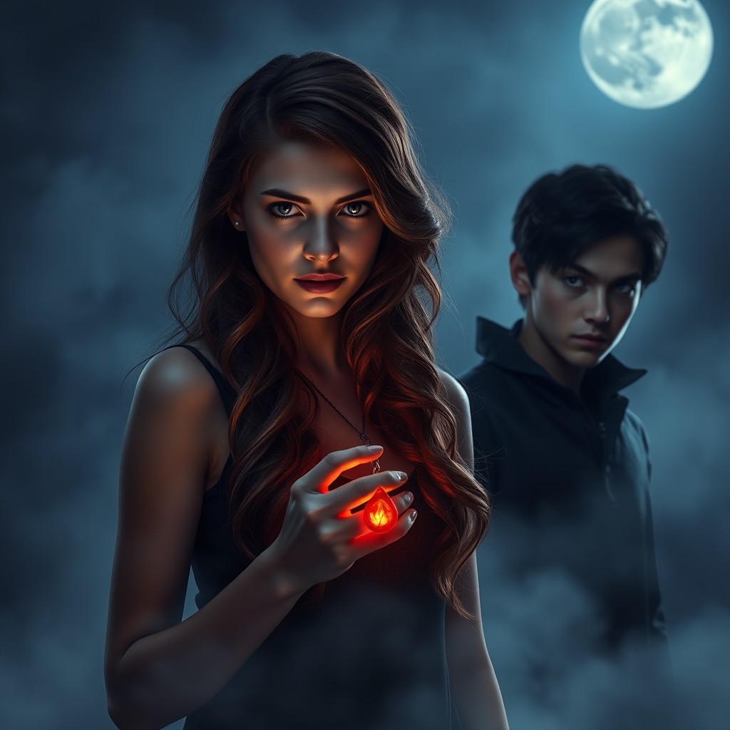A misty night scene illuminated by a full moon, featuring a young woman with long wavy chestnut hair and bright eyes standing in the foreground