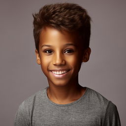 A lively black boy with hopeful eyes and a radiant smile, dressed in casual, stylish clothes.