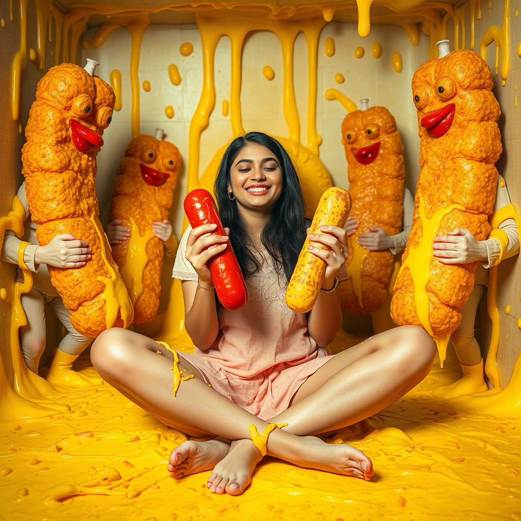 A vibrant and whimsical scene featuring a young Pakistani woman, 18 years old, sitting in a criss-cross position and smiling serenely with her eyes closed