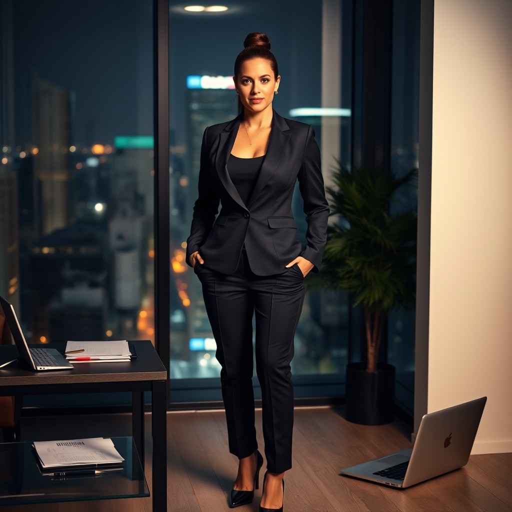 A powerful businesswoman standing confidently inside a modern office at night, dressed in an elegant tailored suit with a stylish blazer and high heels