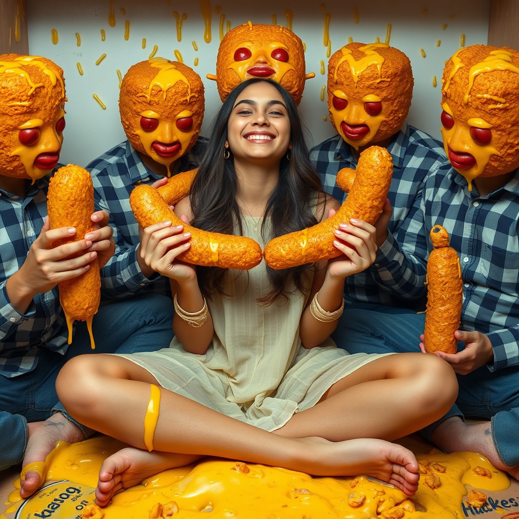 A hot Pakistani girl, 18 years old, sitting criss-cross with a joyful expression, eyes closed, surrounded by whimsical men who have cheesy kielbasa for heads