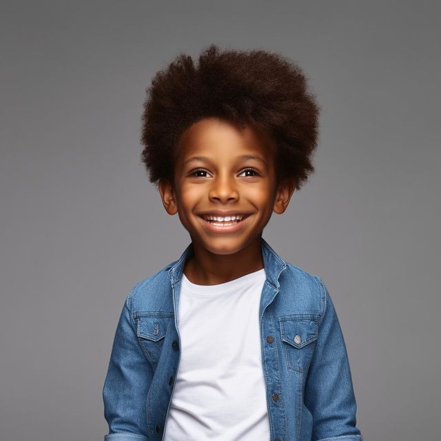 A lively black boy with hopeful eyes and a radiant smile, dressed in casual, stylish clothes.