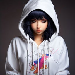 A vibrant anime girl donned in a crisp white hoodie. The name 'Rashi' is boldly and legibly written on the front of the hoodie.