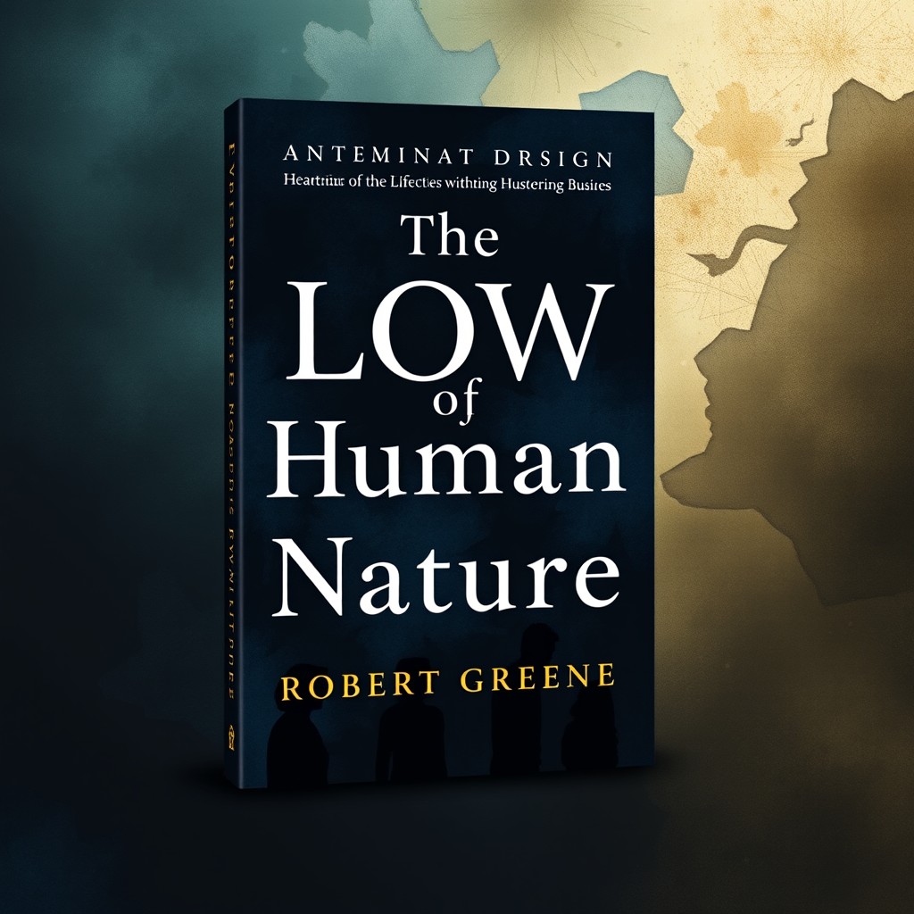 A visually striking book cover design for 'The Low of Human Nature' by Robert Greene, featuring an abstract, thought-provoking background that symbolizes the complexities of human behavior