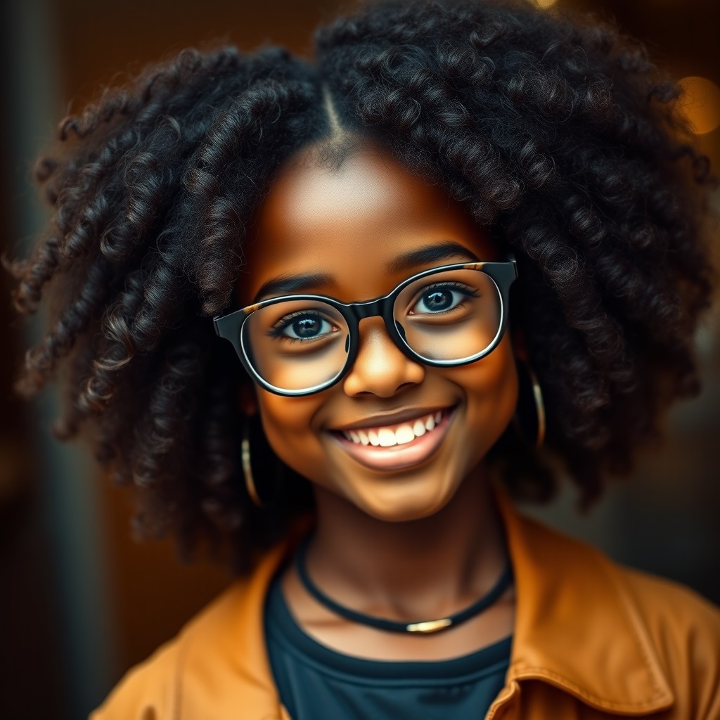 A captivating portrait of a dark-skinned girl with beautiful, bouncy curly hair and stylish glasses