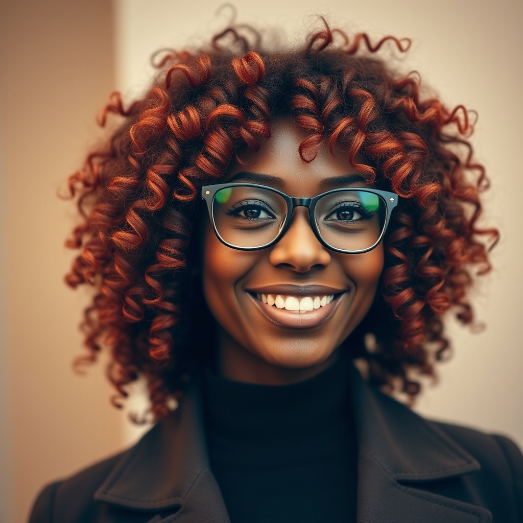An enchanting portrait of a dark-skinned woman with stunning curly hair that blends shades of copper and sunset hues