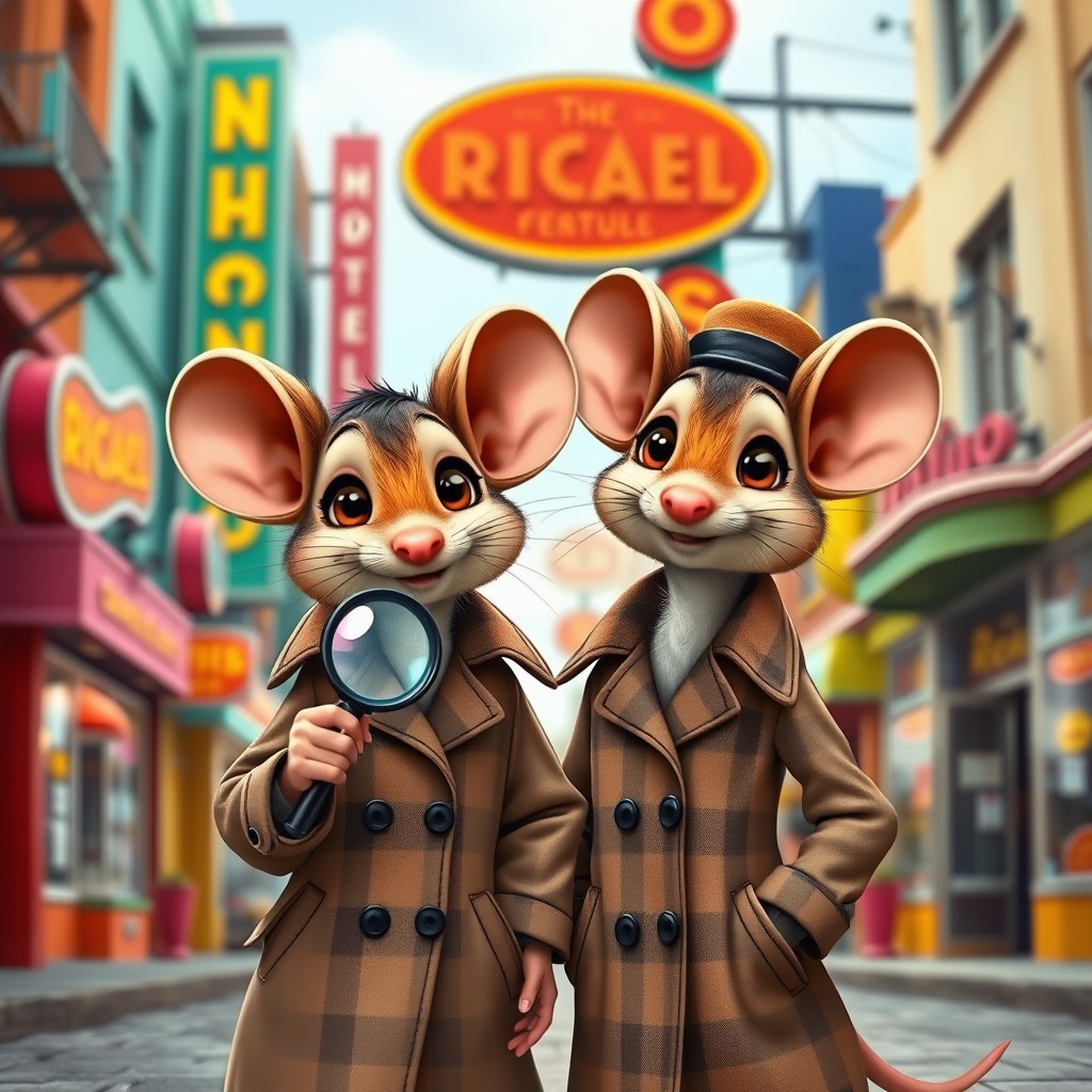 Two adorable cartoon mice with oversized ears and expressive eyes, dressed in stylish 1960s trench coats, standing side by side