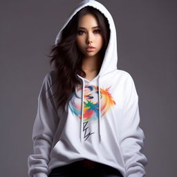 A vibrant anime girl donned in a crisp white hoodie. The name 'Rashi' is boldly and legibly written on the front of the hoodie.