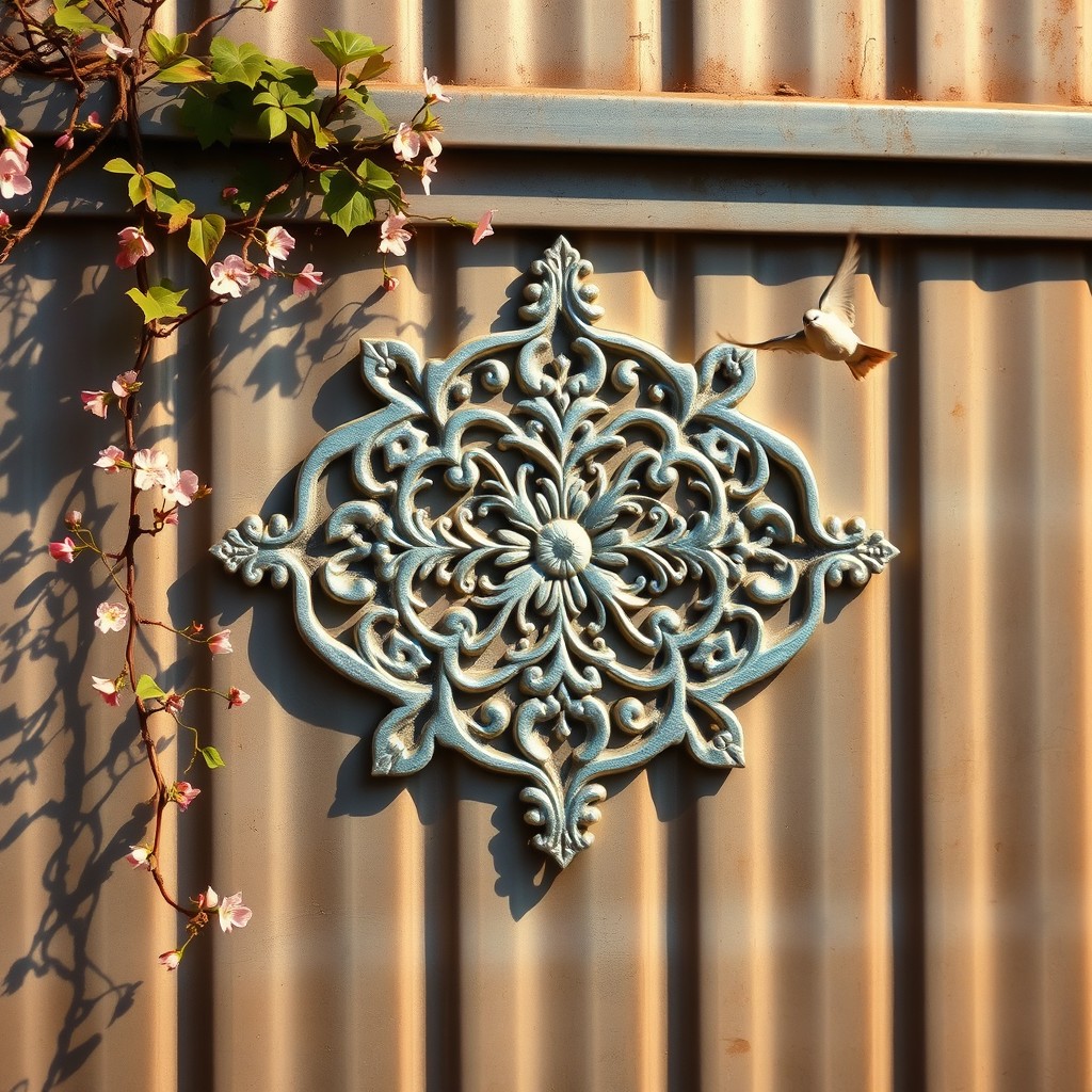 A 3D thick metallic silver design affixed to a steel wall, featuring intricate details and a shadow reflection