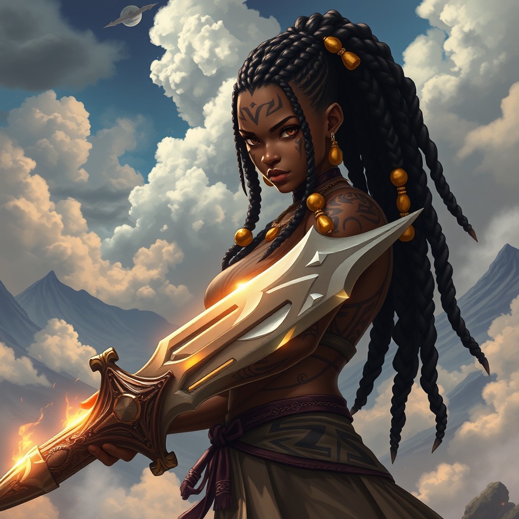 A fierce and powerful Black anime warrior girl standing confidently, showcasing intricate tribal tattoos etched across her skin